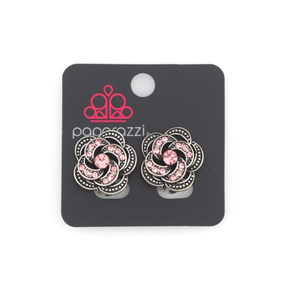 Paparazzi Garden Glitter Pink Rhinestone Flower Clip On Earrings
